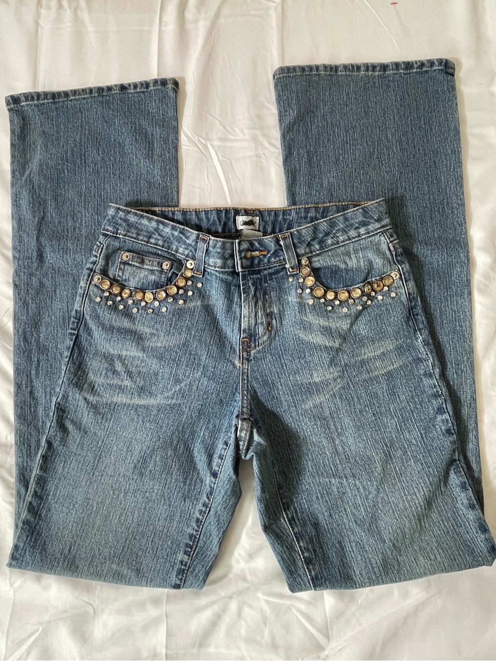 Vtg Y2K Metro 7 Bejeweled Low Rise Flare Jeans Rhinestone Bedazzled 2000s Size4